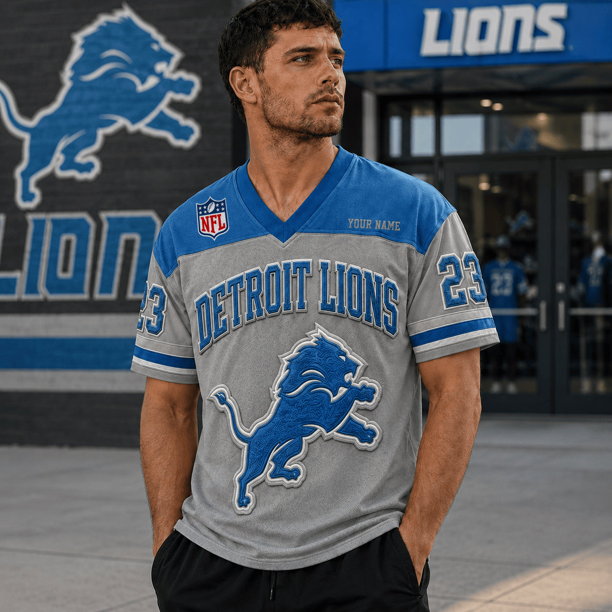 PREMIUM NFL X DET EXCLUSICE V-Neck T-shirt Custom Name