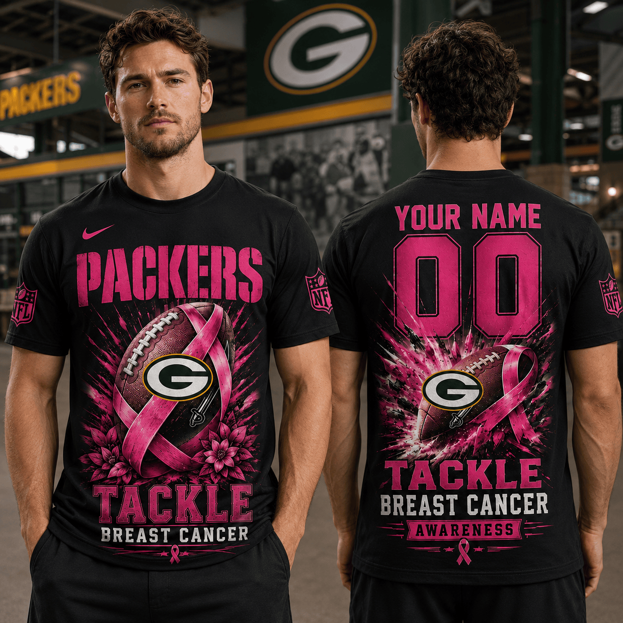 PREMIUM NFL X GB Tackle Breast Cancer Awareness Custom Name T Shirt