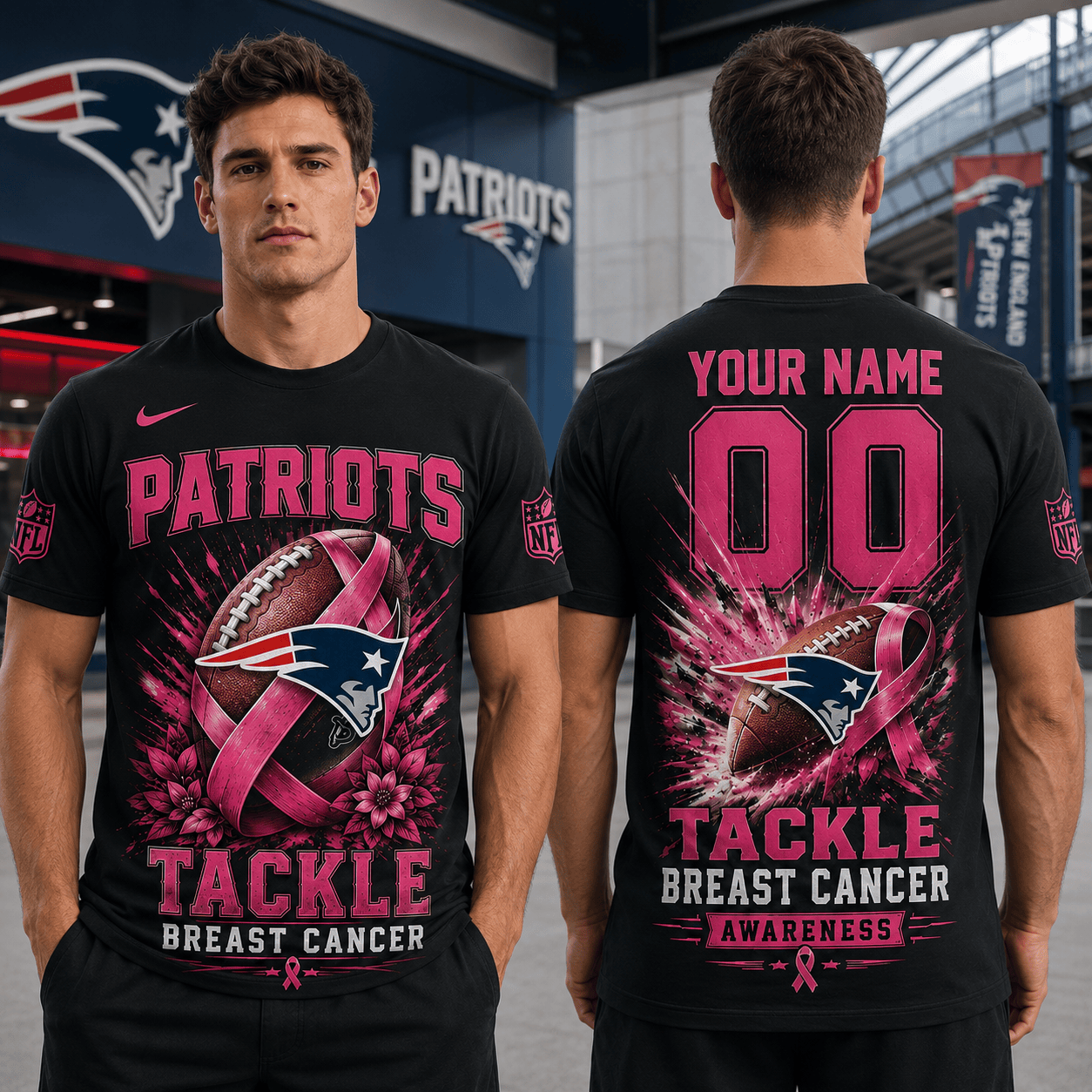 PREMIUM NFL X NE Tackle Breast Cancer Awareness Custom Name T Shirt
