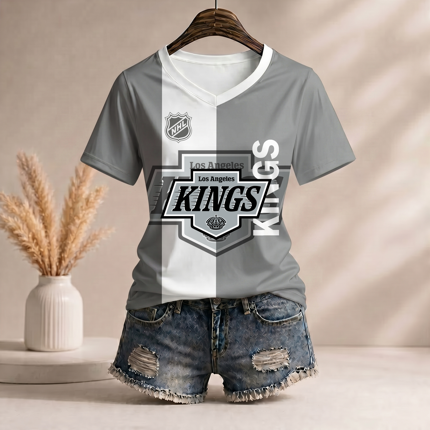 PREMIUM NHL X LAK Women�???s Casual Loose Stripe V-Neck T-Shirt NDT VHM 290526