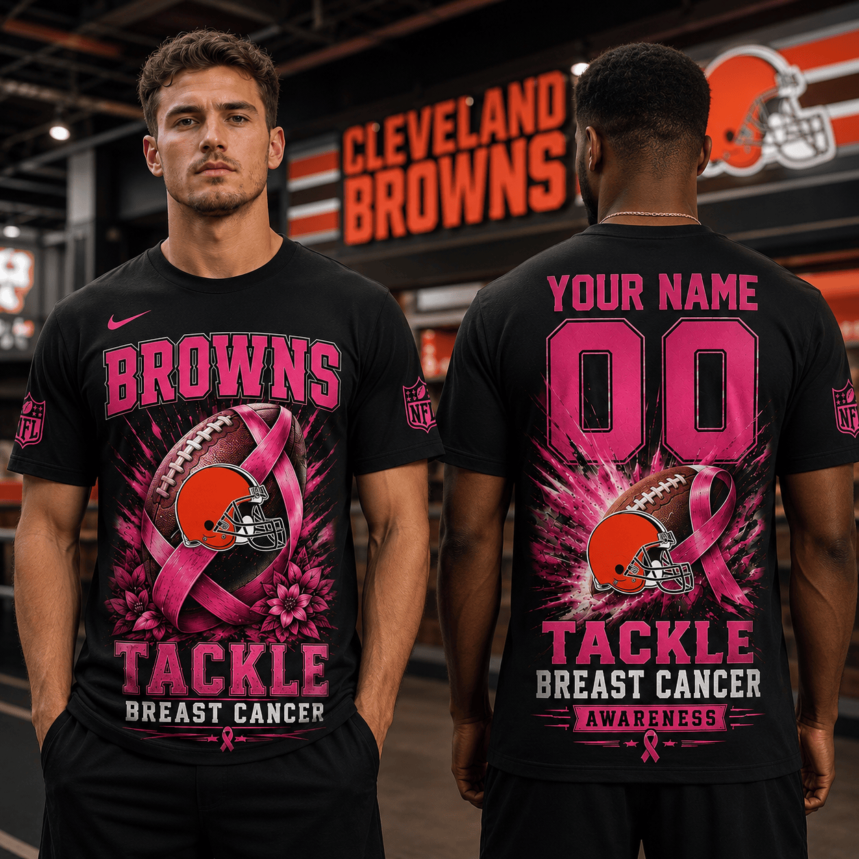 PREMIUM NFL X CLE Tackle Breast Cancer Awareness Custom Name T Shirt