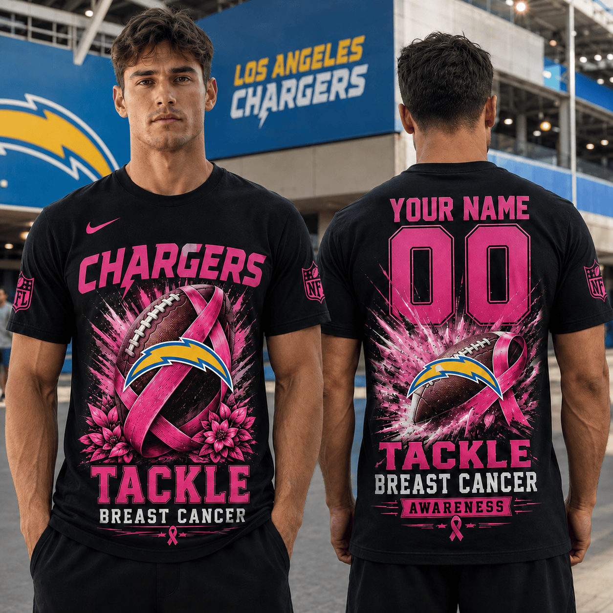 PREMIUM NFL X LAC Tackle Breast Cancer Awareness Custom Name T Shirt