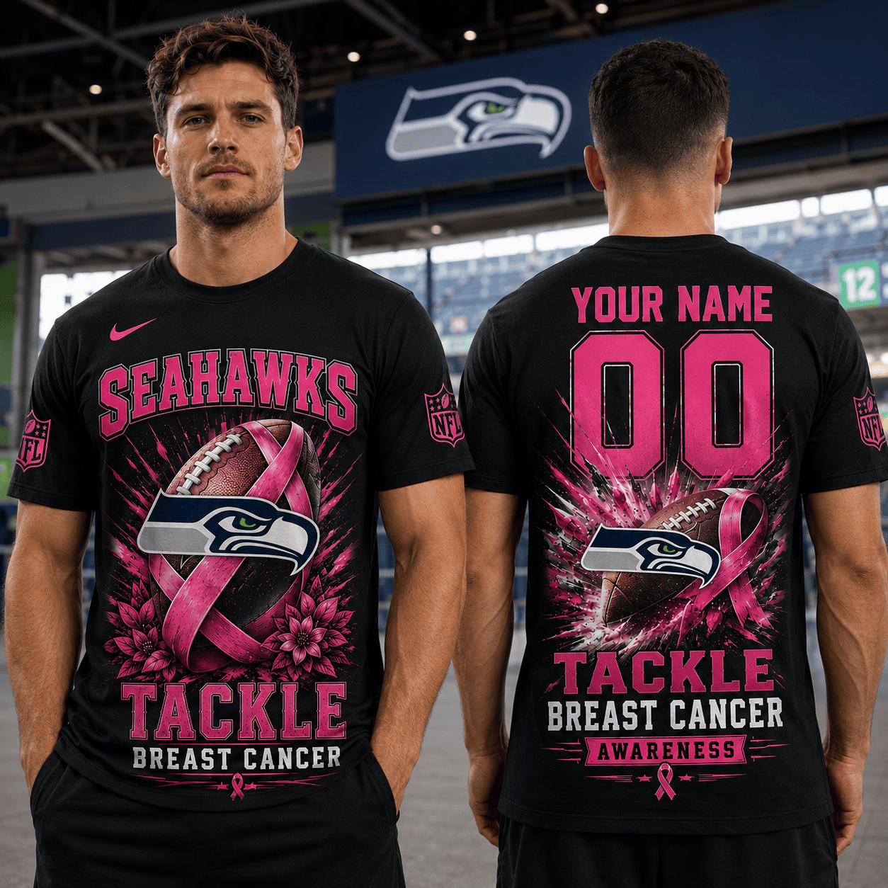 PREMIUM NFL X SEA Tackle Breast Cancer Awareness Custom Name T Shirt