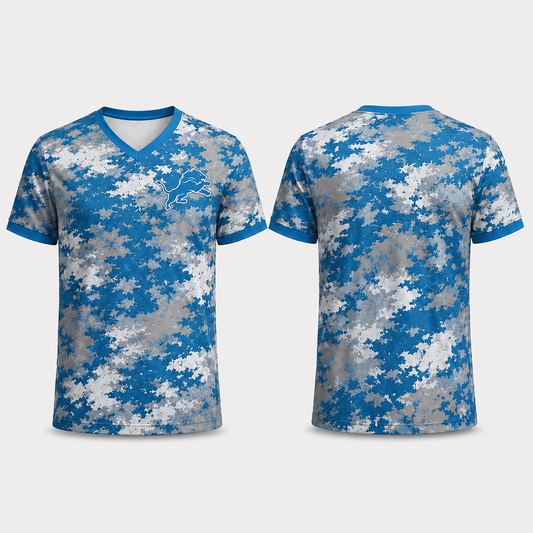 Premium NFL x DET V-Neck Camo T-Shirt For Fans Loving Digital Camouflage