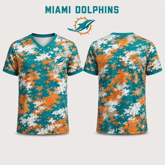 Premium NFL x MIA V-Neck Camo T-Shirt For Fans Loving Digital Camouflage
