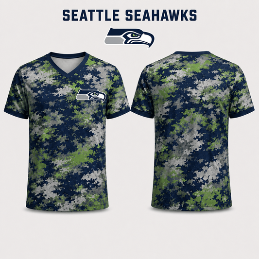 Premium NFL x SEA V-Neck Camo T-Shirt For Fans Loving Digital Camouflage