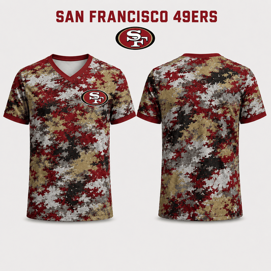 Premium NFL x SF V-Neck Camo T-Shirt For Fans Loving Digital Camouflage